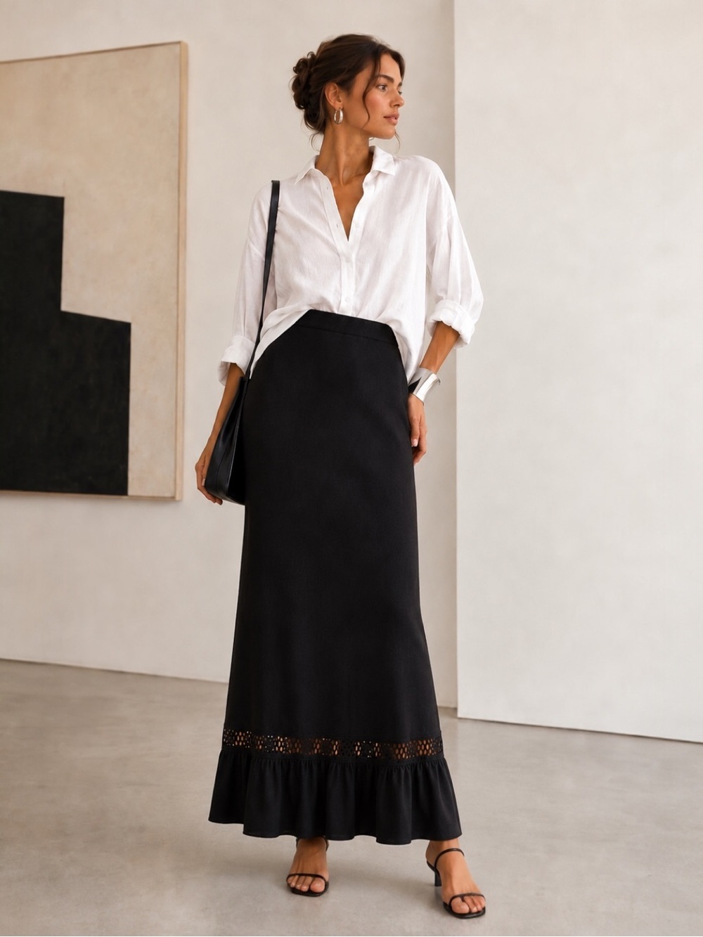 Vintage Worthington Black Knit Maxi Skirt Crochet Ruffle Detail Women’s Medium